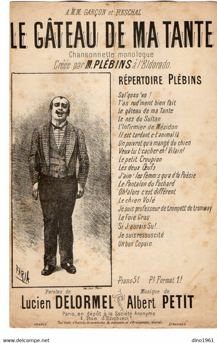 VP20.368 - PARIS - Ancienne Partition Musicale ¨ Le Gâteau De Ma Tante ¨ Paroles De L. DELORMEL / Musique A. PETIT - Partitions Musicales Anciennes