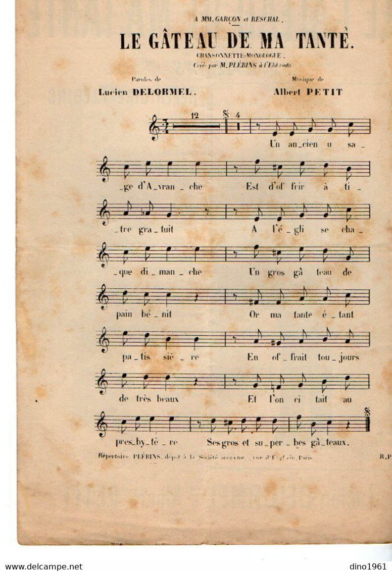 VP20.368 - PARIS - Ancienne Partition Musicale ¨ Le Gâteau De Ma Tante ¨ Paroles De L. DELORMEL / Musique A. PETIT - Partituras