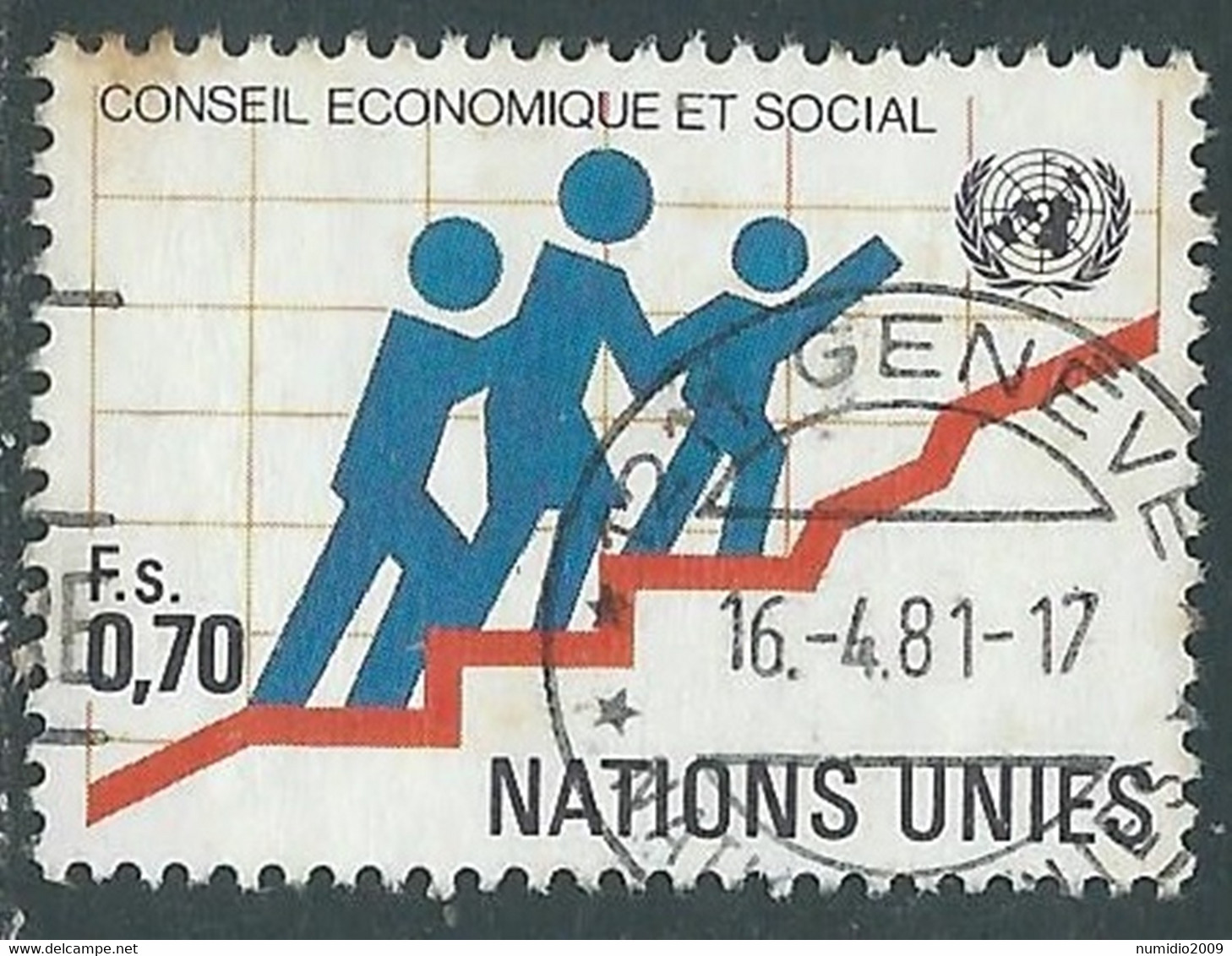 1980 ONU GINEVRA USATO CONSIGLIO SOCIALE ED ECONOMICO 70 CENT - RA7-4 - Usados