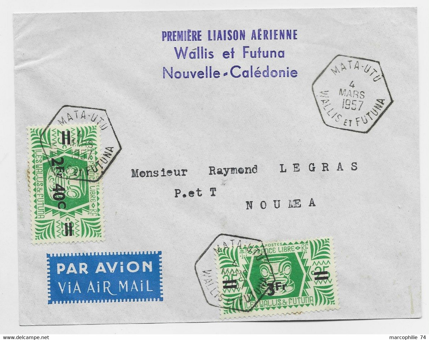 WALLIS FUTUNA 2FR40 FRANCE LIBRE X2 LETTRE COVER AVION C. HEX MATA UTU 4 MARS 1957 PREMIERE LIAISON AERIENNE - Lettres & Documents