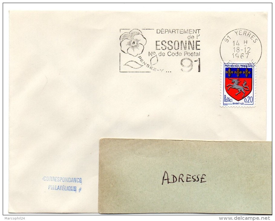 ESSONNE - Dépt N° 91 = YERRES 1967 = FLAMME Codée = SECAP  ' N° De CODE POSTAL / PENSEZ-Y ' - Código Postal