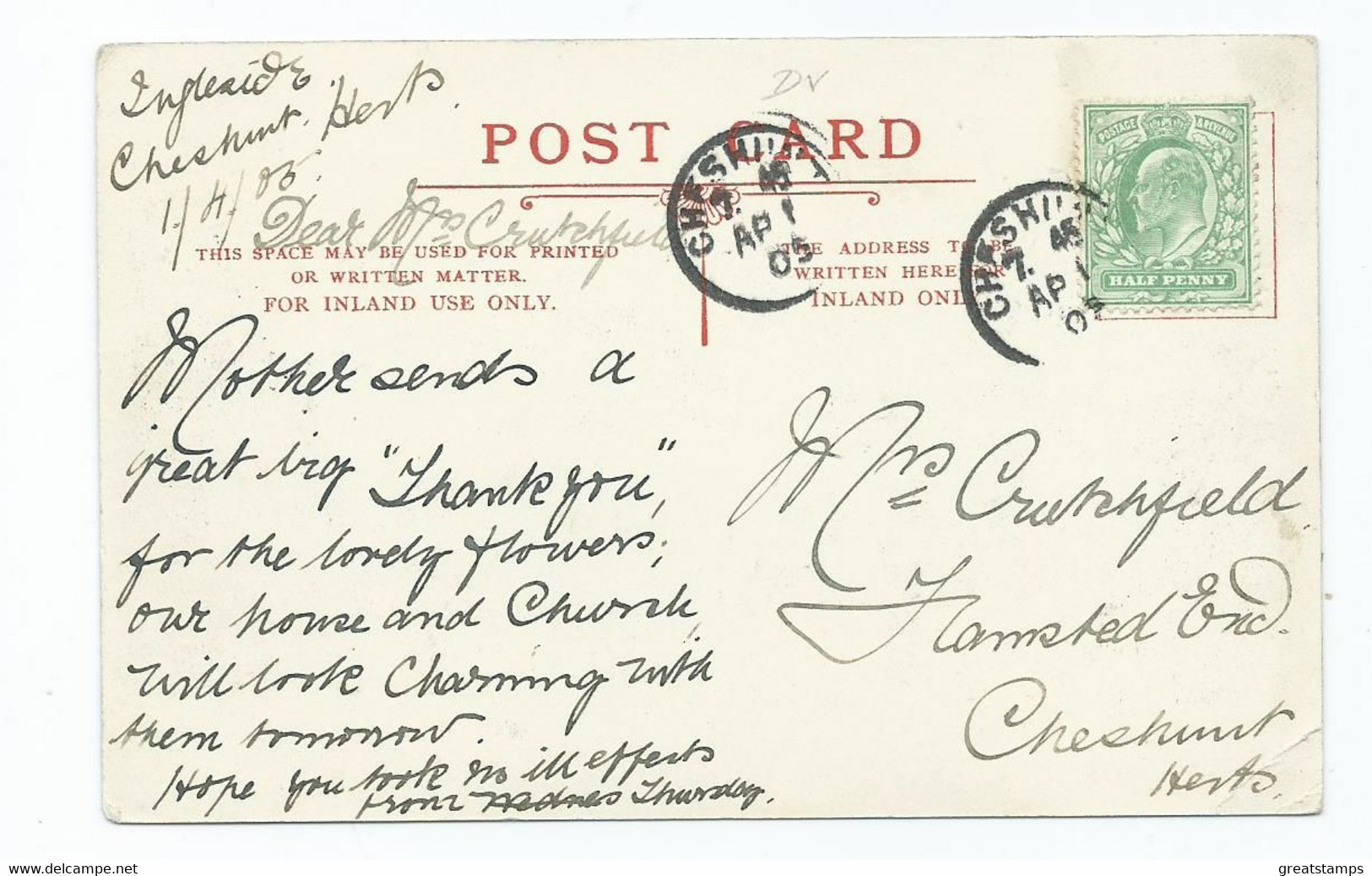 Devon  Postcard   Kingsbridge Wyatt's Series Posted To  Cheshunt 1909 - Exeter