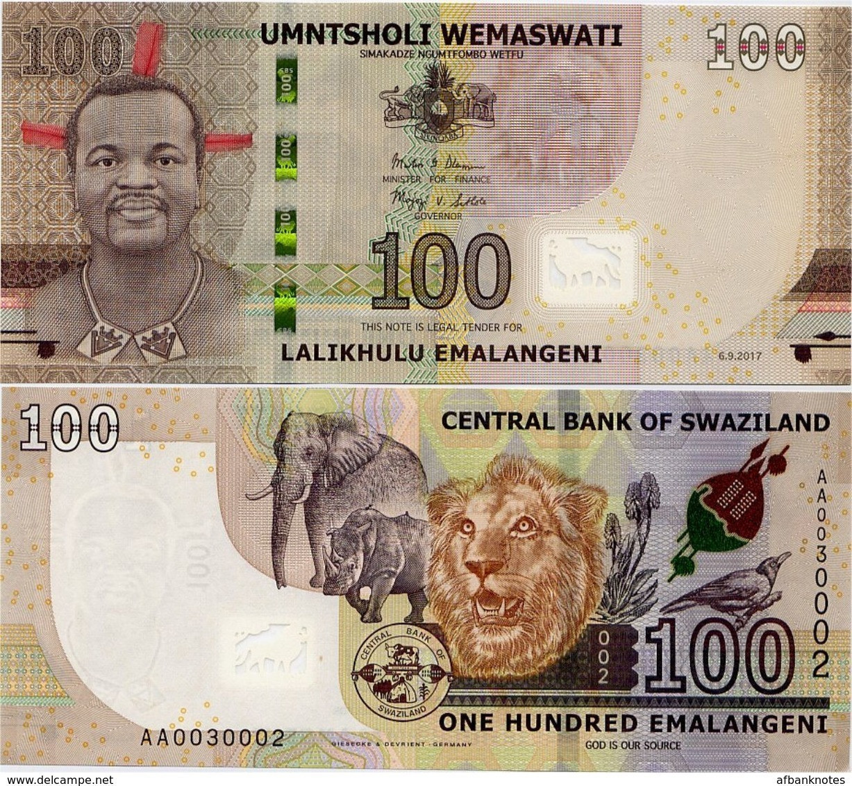 SWAZILAND       100 Emalangeni       P-42       6.9.2017 (2018)       UNC - Swaziland