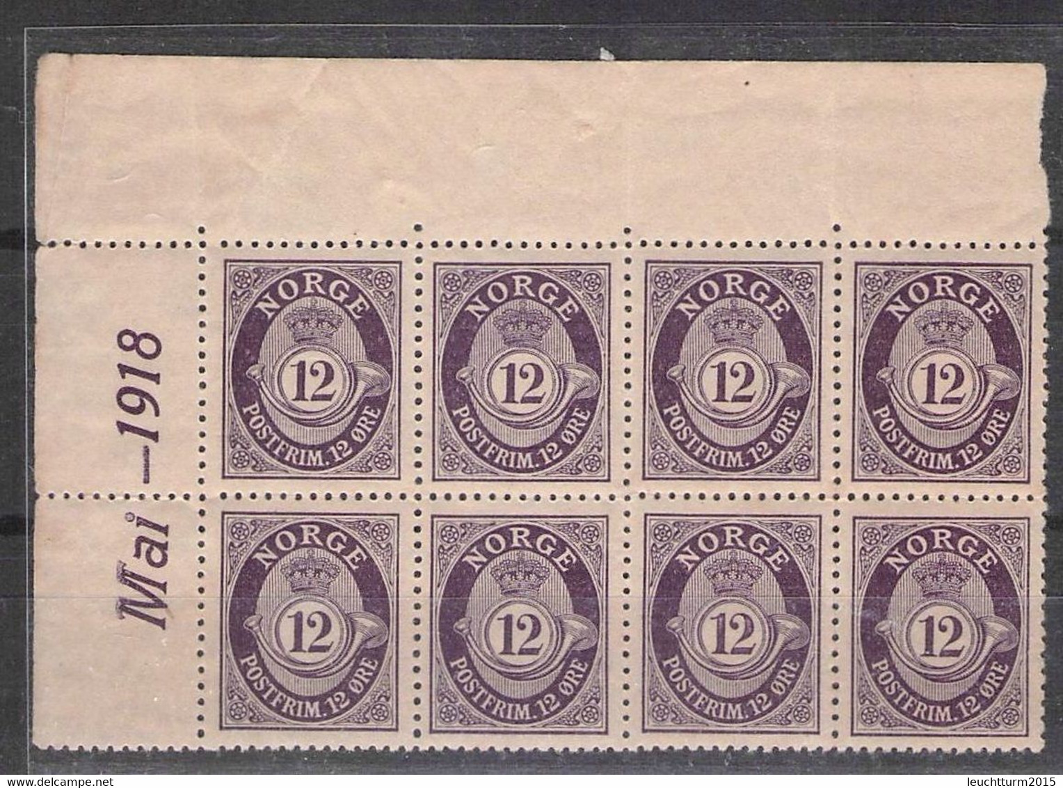 NORWAY - SHEET 8 STAMPS 12 ÖRE MAI 1918 MNH/** Mi #80 / Q - Neufs