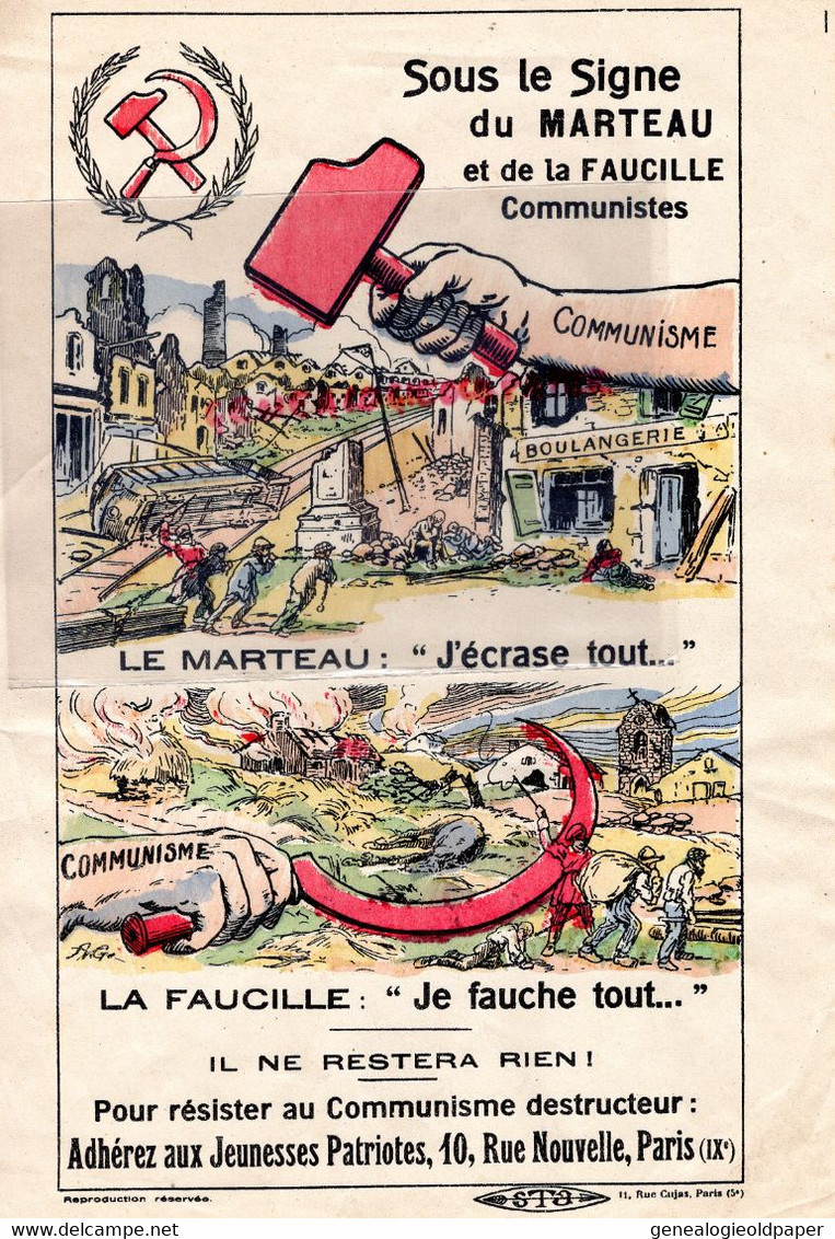75- PARIS- RARE AFFICHE COMMUNISTE-COMMUNISME-LE MARTEAU LA FAUCILLE-JEUNESSES PATRIOTES-10 RUE NOUVELLE - Affiches