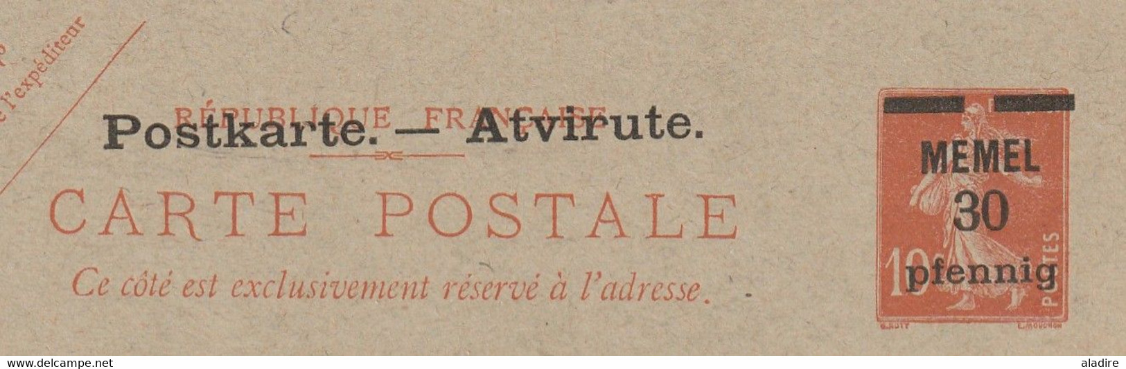 Entier Carte Postale 10 F Semeuse Camée Surchargé Memel 30pf Postkarte Atvirute - Neuf MNH - Nuovi