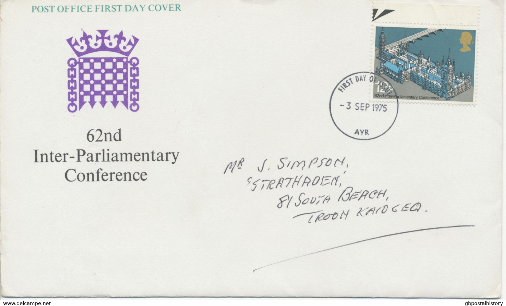GB 1975, Inter-Parliamentary Union Conference On Very Fine FDC With Rare FDI AYR - 1971-1980 Em. Décimales