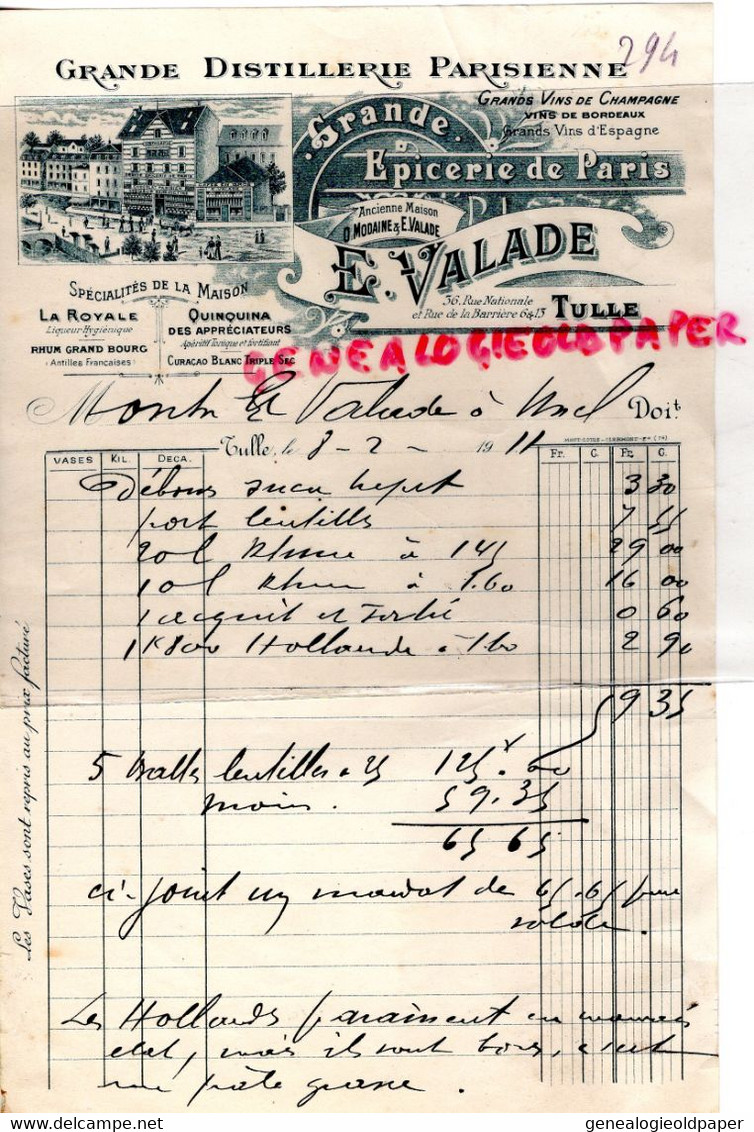 19- TULLE- FACTURE E. VALADE-MODAINE- DISTILLERIE PARISIENNE-EPICERIE PARIS-RHUM GRAND BOURG-1911 - Lebensmittel