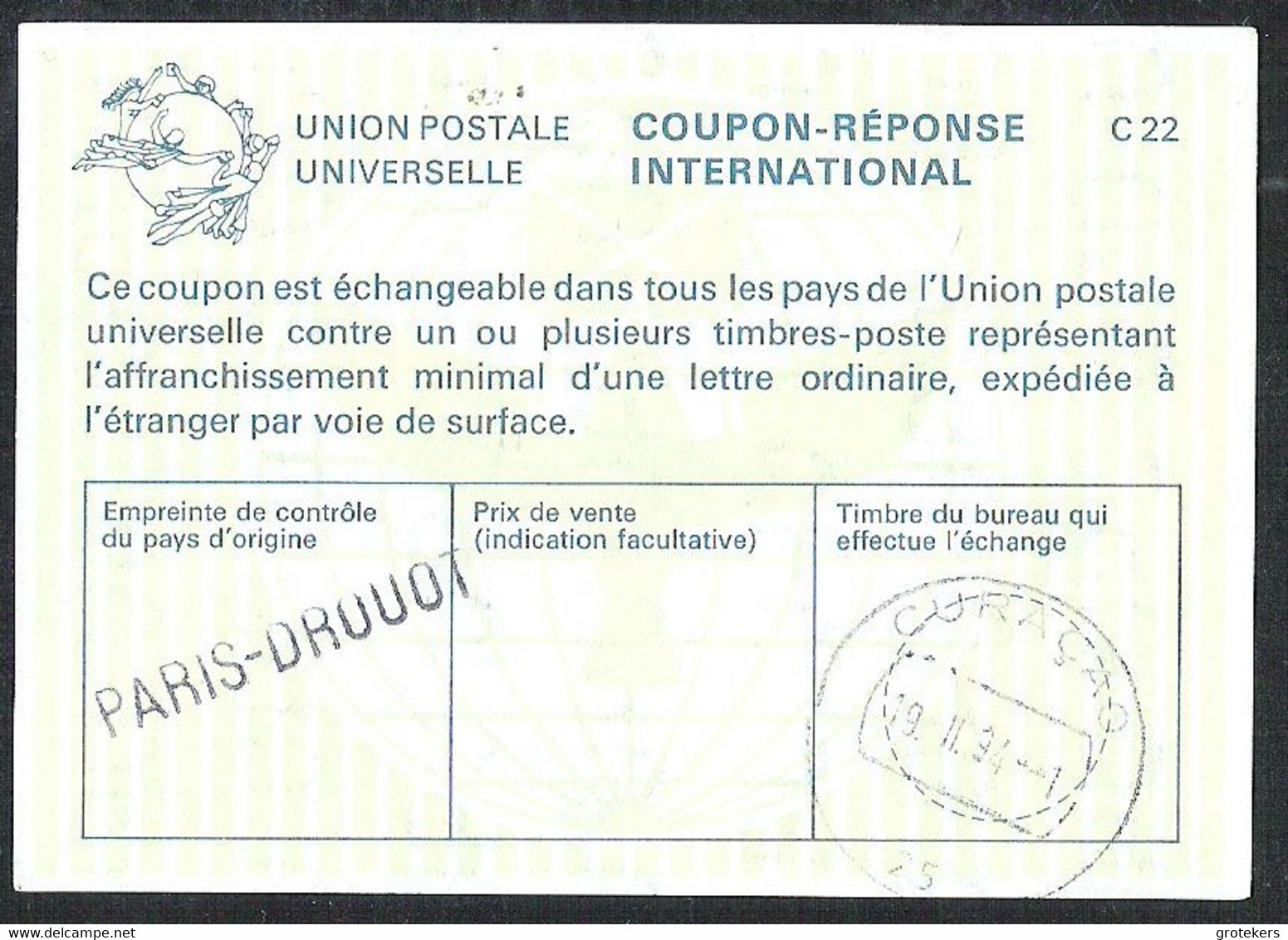 FRANCE International Reply Coupon Issued PARIS-DROUOT 1994 Cashed In Curaçao - Reply Coupons