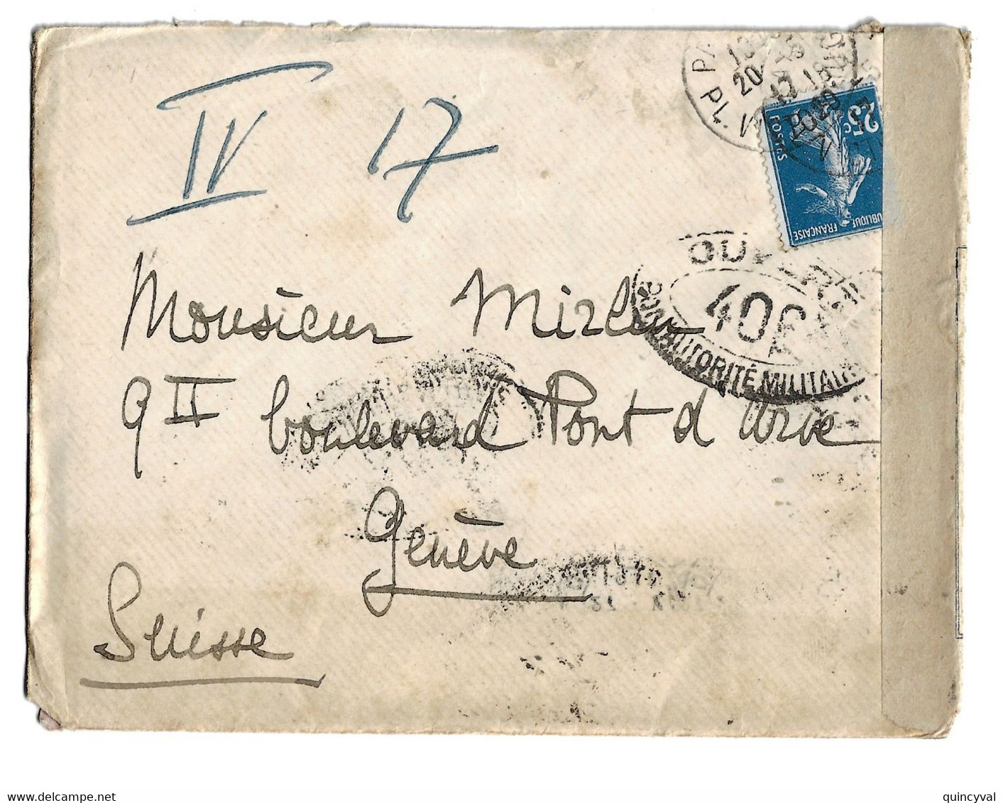 PARIS 3 Lettre Etranger Suisse Censure Militaire 406 Ob 20/5/1917 Semeuse 25 C Bleu Yv 140 - Guerra De 1914-18