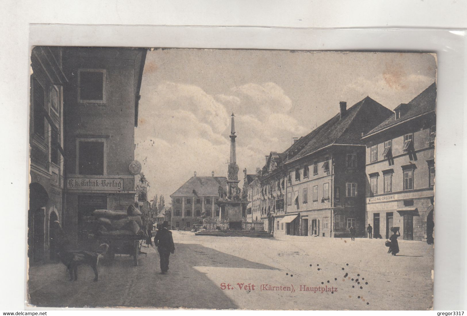 B6411) ST. VEIT - Kärnten - - HAUPPLATZ M. K.K. Tabakverlag - Pferdefuhrwerk Mann Frau Korb MEDIZINAL DROGERIE 1906 - St. Veit An Der Glan