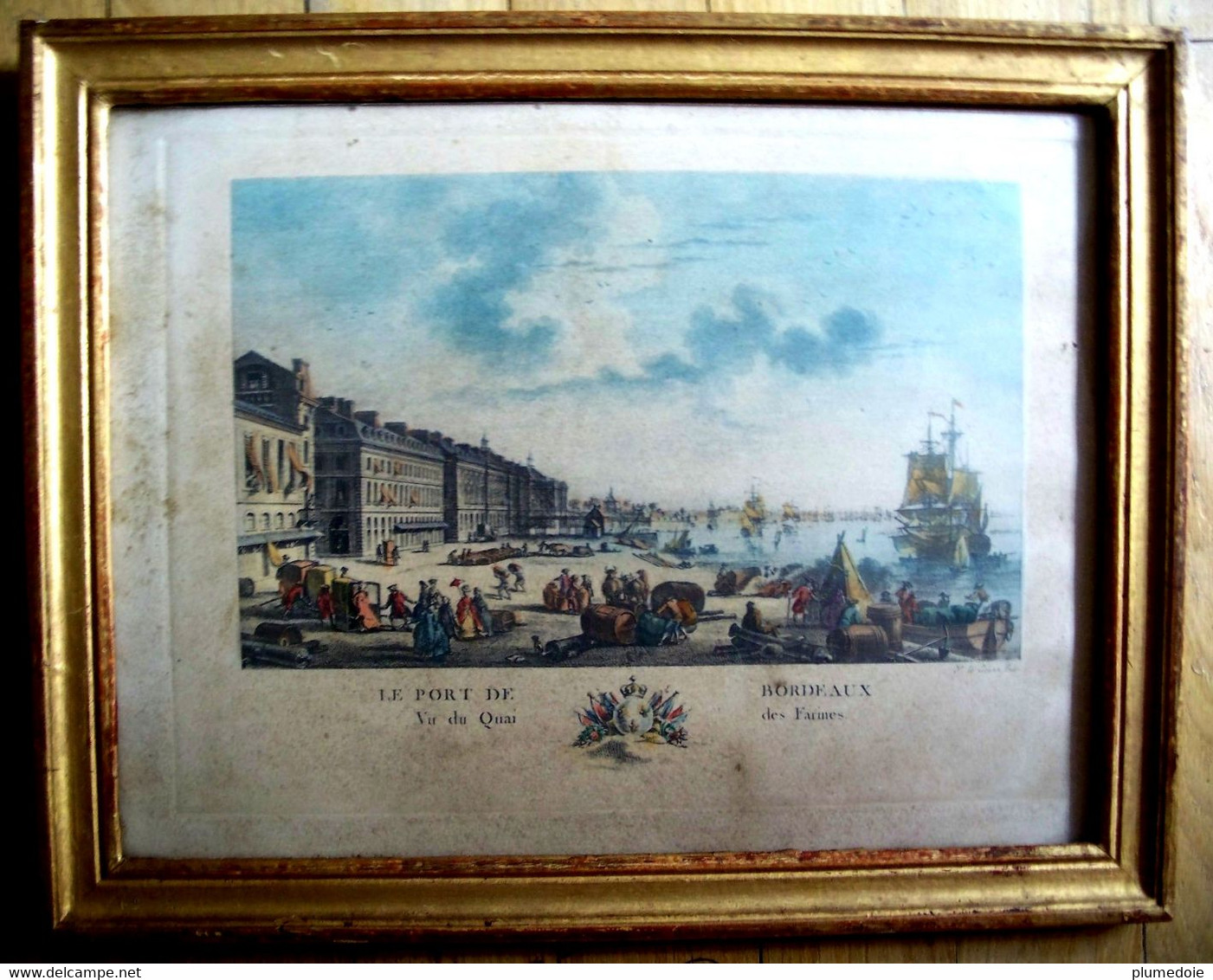 EAU FORTE Couleur PORT DE BORDEAUX QUAI DES FARINES .Sous Verre Cadre Bois Doré , Gravure Par Y. Le Gouaz . FIN XVIII ° - Radierungen