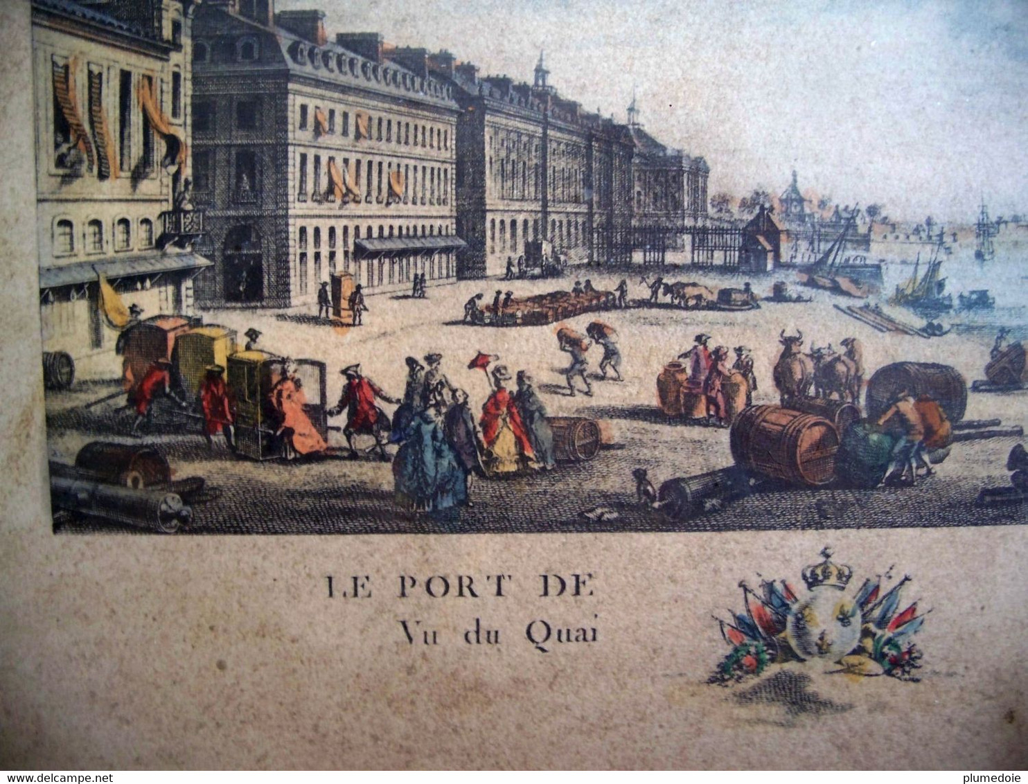 EAU FORTE Couleur PORT DE BORDEAUX QUAI DES FARINES .Sous Verre Cadre Bois Doré , Gravure Par Y. Le Gouaz . FIN XVIII ° - Etsen