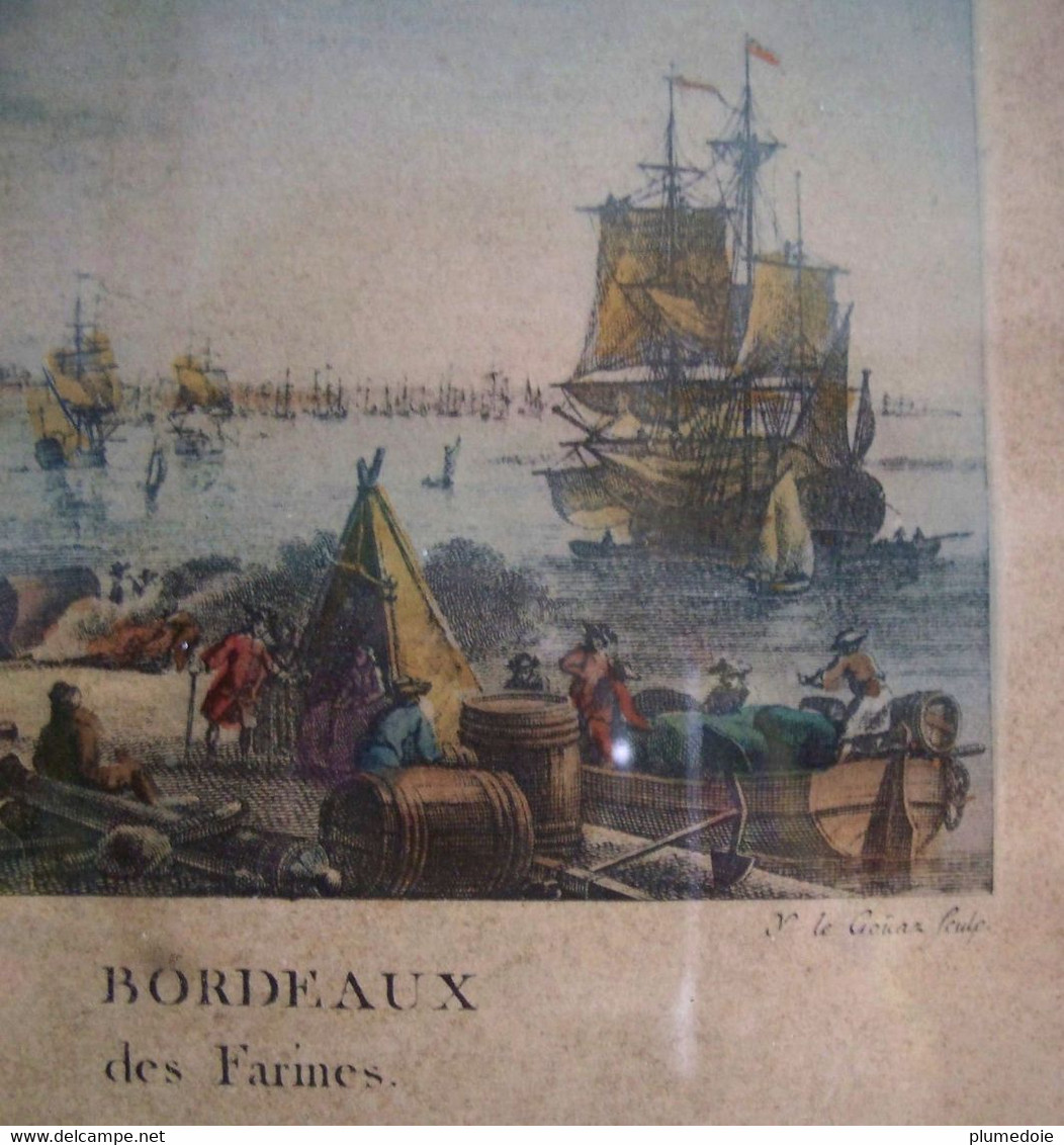 EAU FORTE Couleur PORT DE BORDEAUX QUAI DES FARINES .Sous Verre Cadre Bois Doré , Gravure Par Y. Le Gouaz . FIN XVIII ° - Etsen