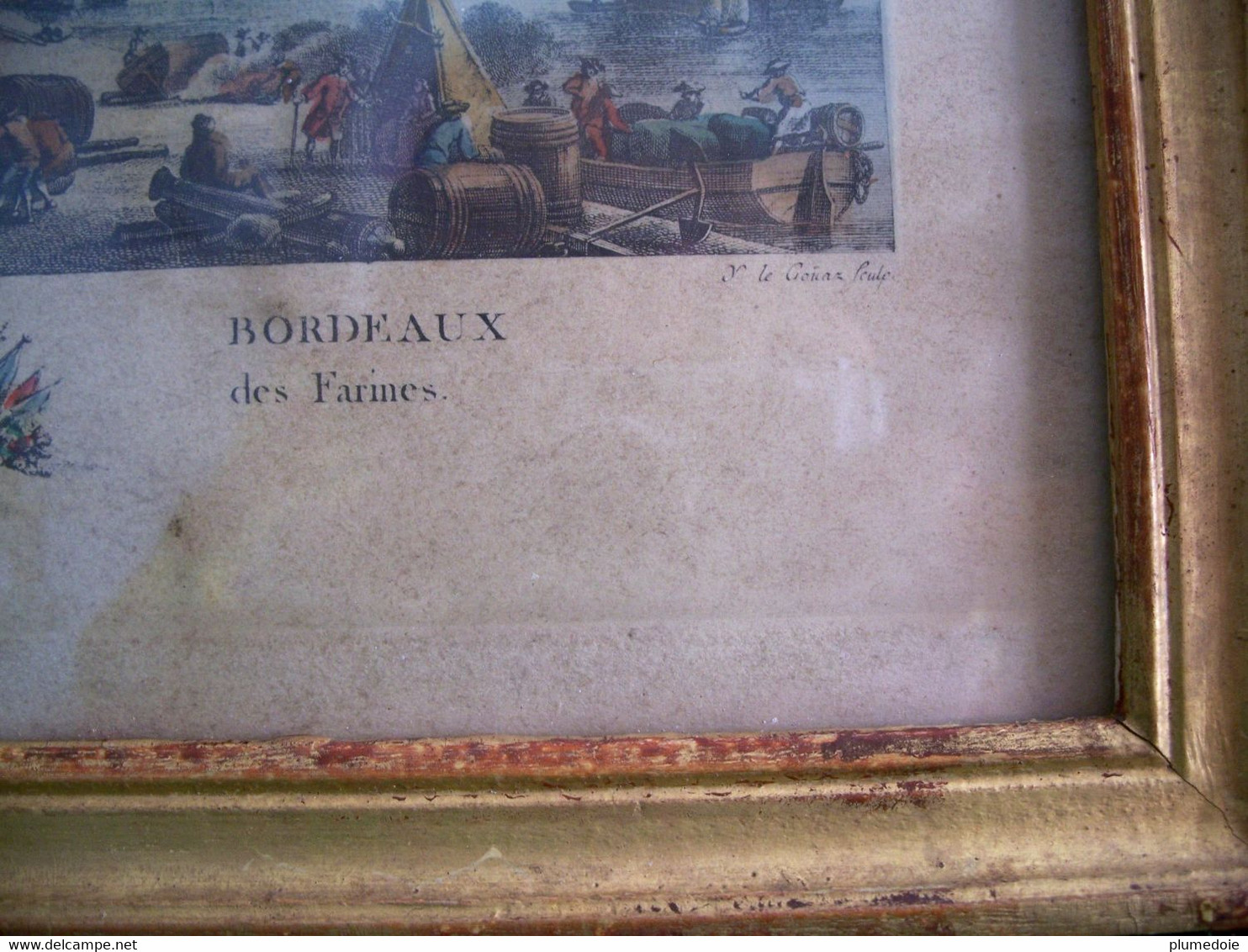 EAU FORTE couleur PORT DE BORDEAUX QUAI DES FARINES .Sous verre cadre bois doré , gravure par Y. Le Gouaz . FIN XVIII °
