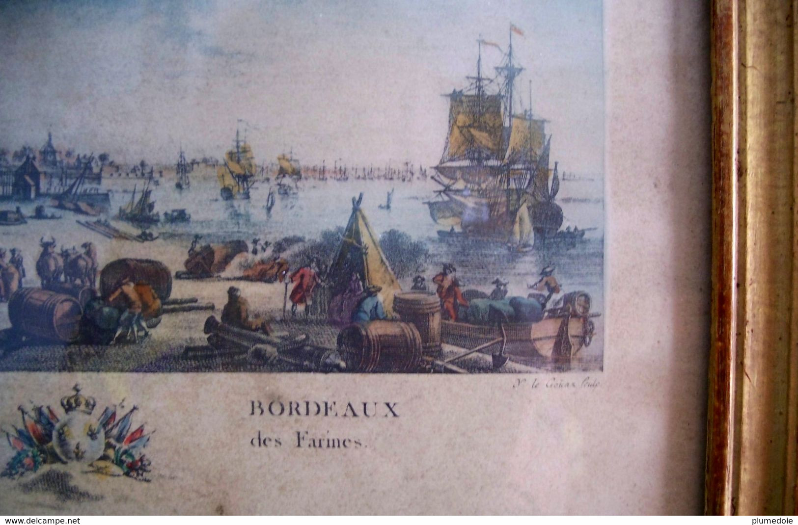 EAU FORTE couleur PORT DE BORDEAUX QUAI DES FARINES .Sous verre cadre bois doré , gravure par Y. Le Gouaz . FIN XVIII °