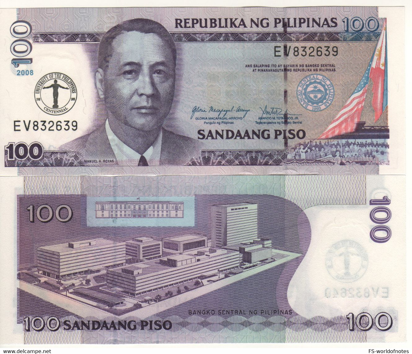 PHILIPPINES  100 Piso   P199   2008  " Manuel Roxas ...Centennial University Of The Philippines, 1908-2008"  UNC - Philippines