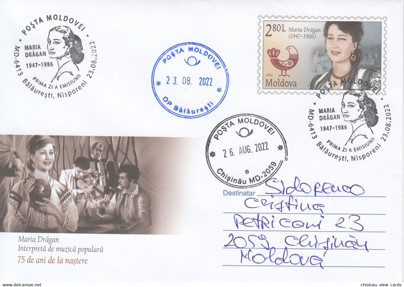 MOLDOVA 2022.Maria Drăgan (1947-1986). Folk Music Interp.75th Birth Anniv.Envelope With Original Stamp.Sent By Post - Musique