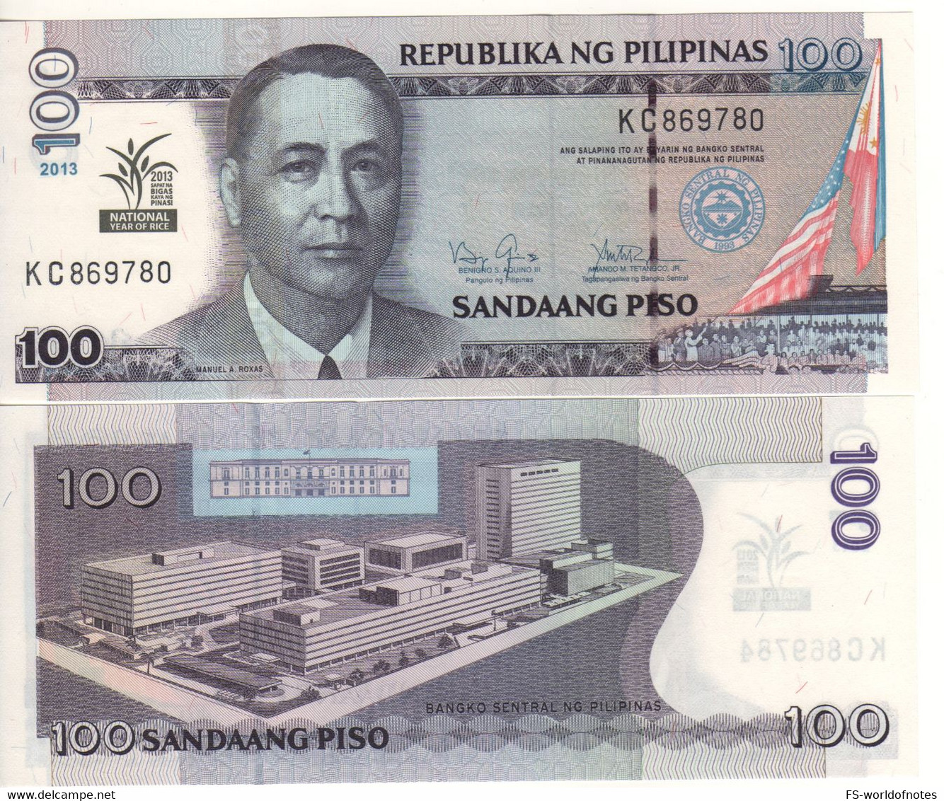 PHILIPPINES  100 Piso   P220   2013 Commemorative  " Manuel Roxas  - 2013 - National Year Of Rice ."  UNC - Philippines