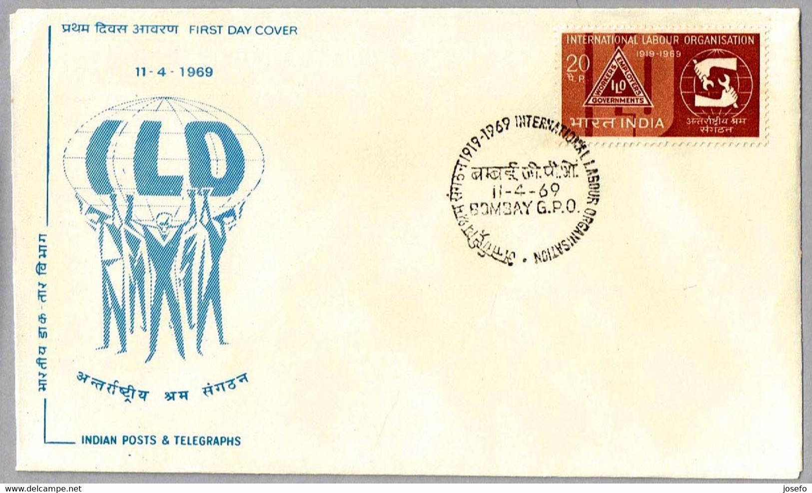 50 Años ORGANIZACION INTERNACIONAL DEL TRABAJO - OIT. FDC Bombay 1969 - OIT