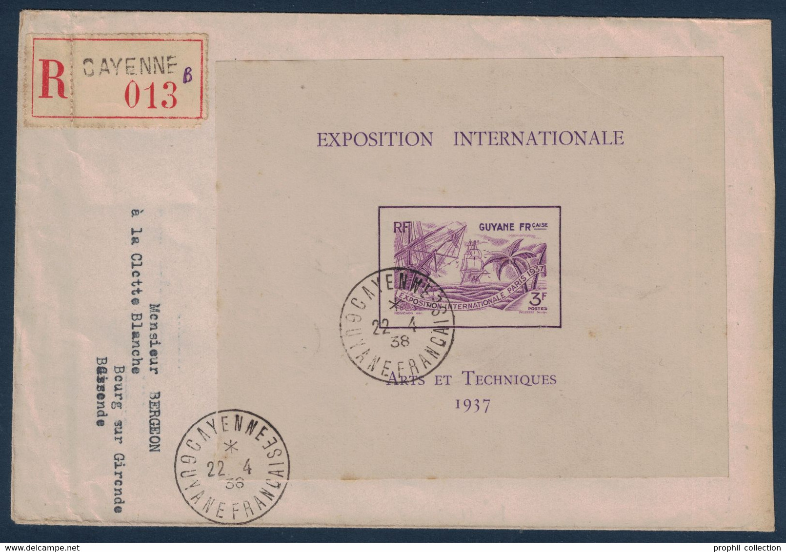 GUYANE - BLOC EXPOSITION INTERNATIONALE ARTS ET TECHNIQUES 1938 SEUL SUR LETTRE RECOMMANDÉ De CAYENNE Pr LA FRANCE - Lettres & Documents