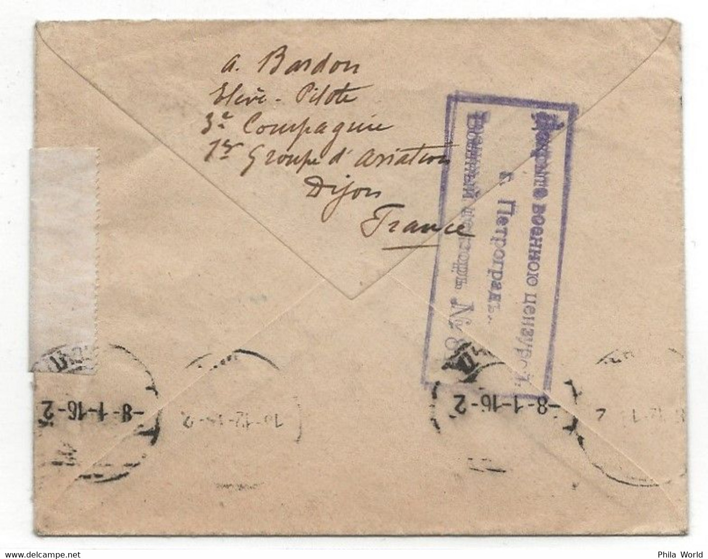 WW1 1916 DIJON Cachet Déesse Assise 1er GROUPE AVIATION SERVICE POSTAL Lettre En FM > RUSSIE Petrograd CENSURE - Guerre De 1914-18