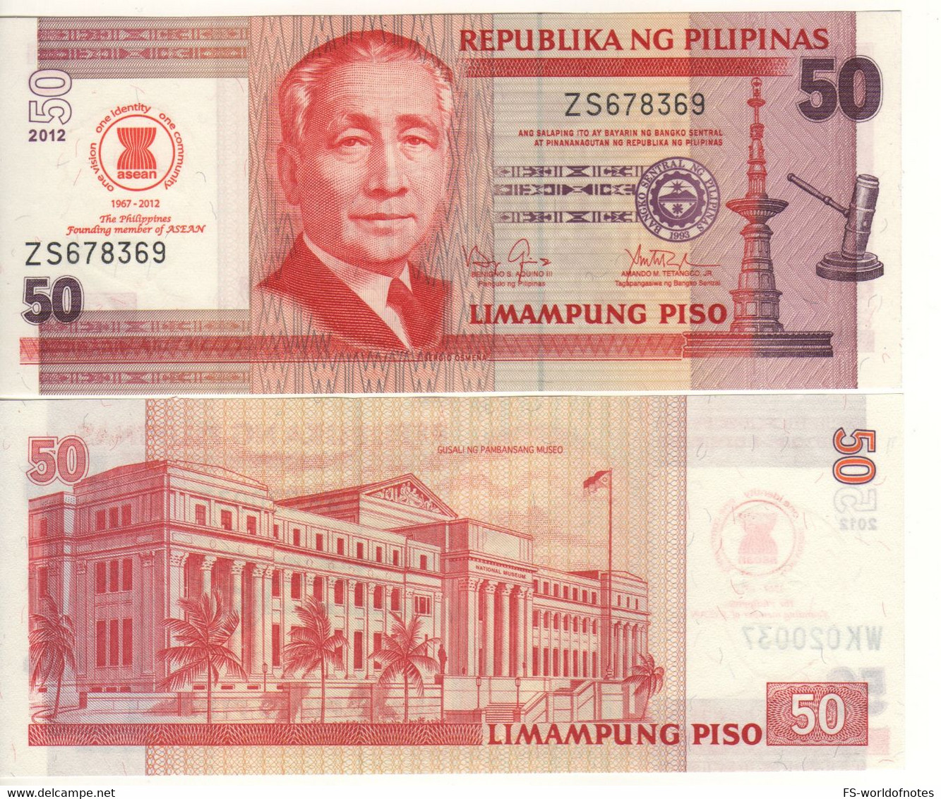 PHILIPPINES  50  Piso     P211A    "Commemorative 2012  Sergio Osmeña + National Museum, Manila At Back"   UNC - Philippines