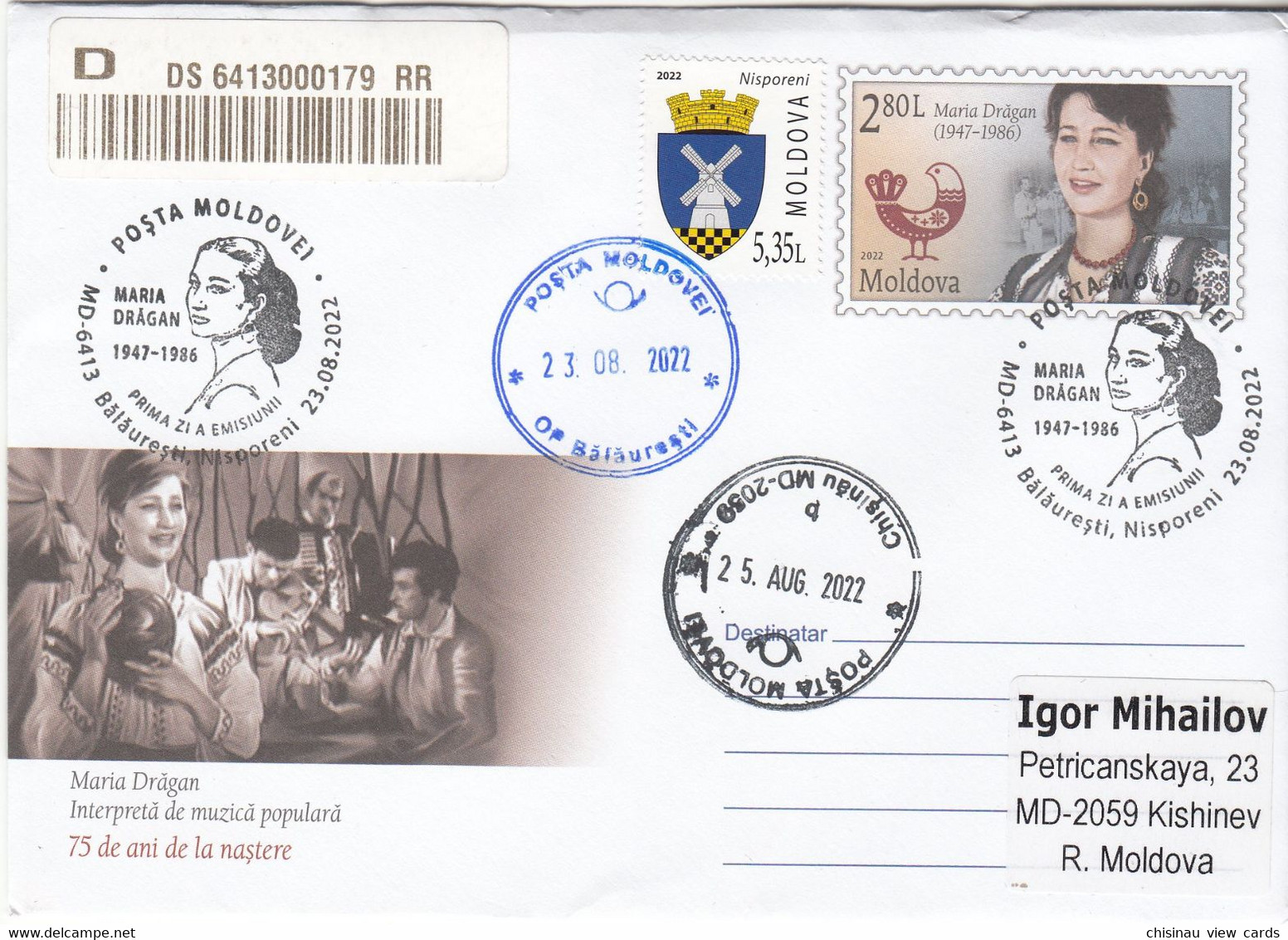MOLDOVA 2022.Maria Drăgan (1947-1986). Folk Music Interp.75th Birth Anniv.Envelope With Original Stamp.Sent By Post - Musique