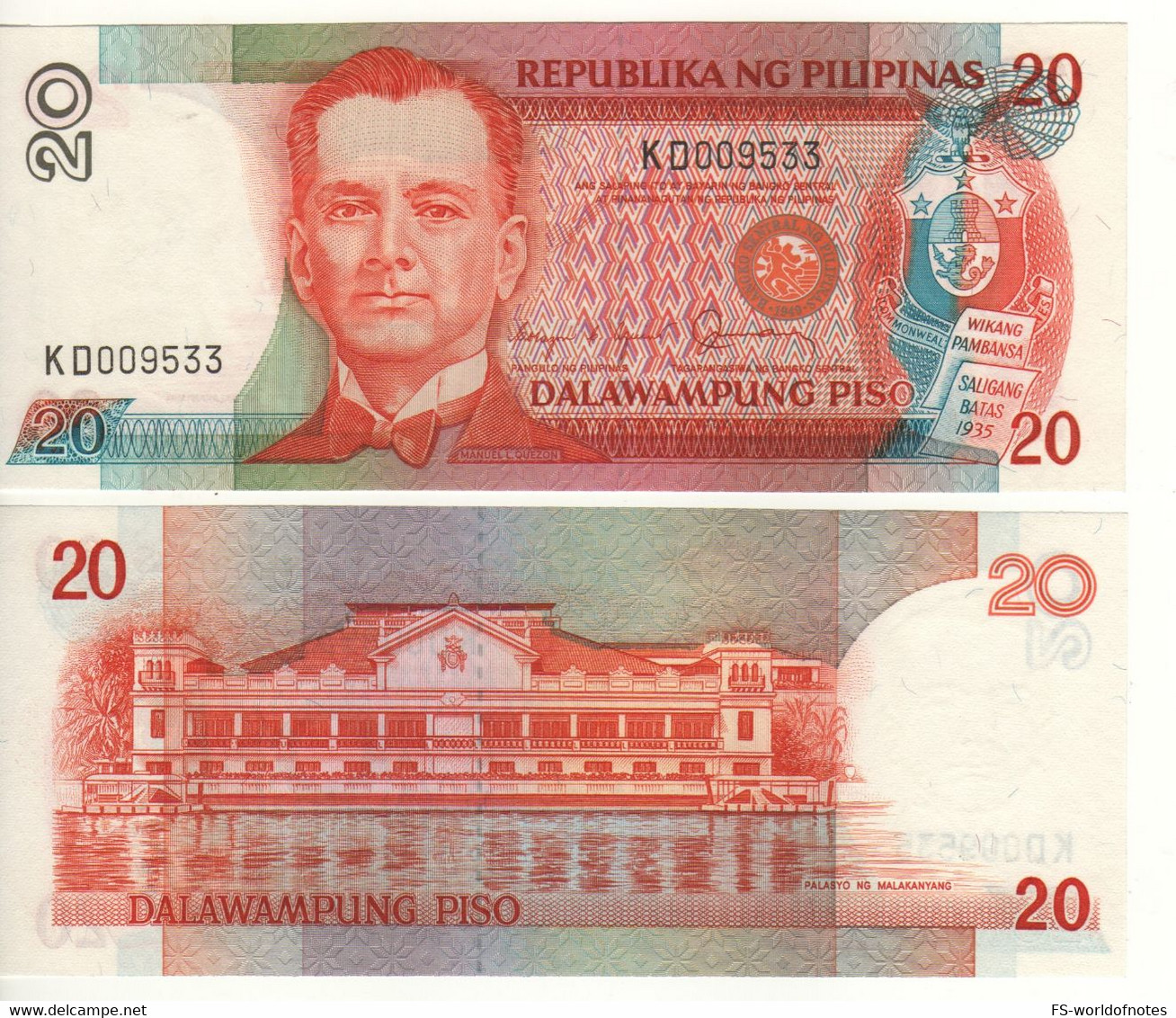 PHILIPPINES  20  Piso     P170b    "ND 1986 Manuel Quezon + Malacañang Palace At Back "   UNC - Philippines