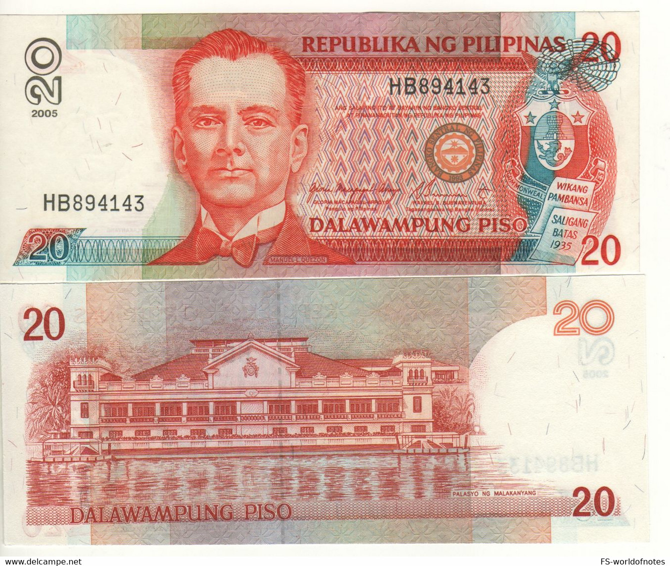 PHILIPPINES  20  Piso     P182i    "dated 2005   Manuel Quezon + Malacañang Palace At Back "   UNC - Philippines