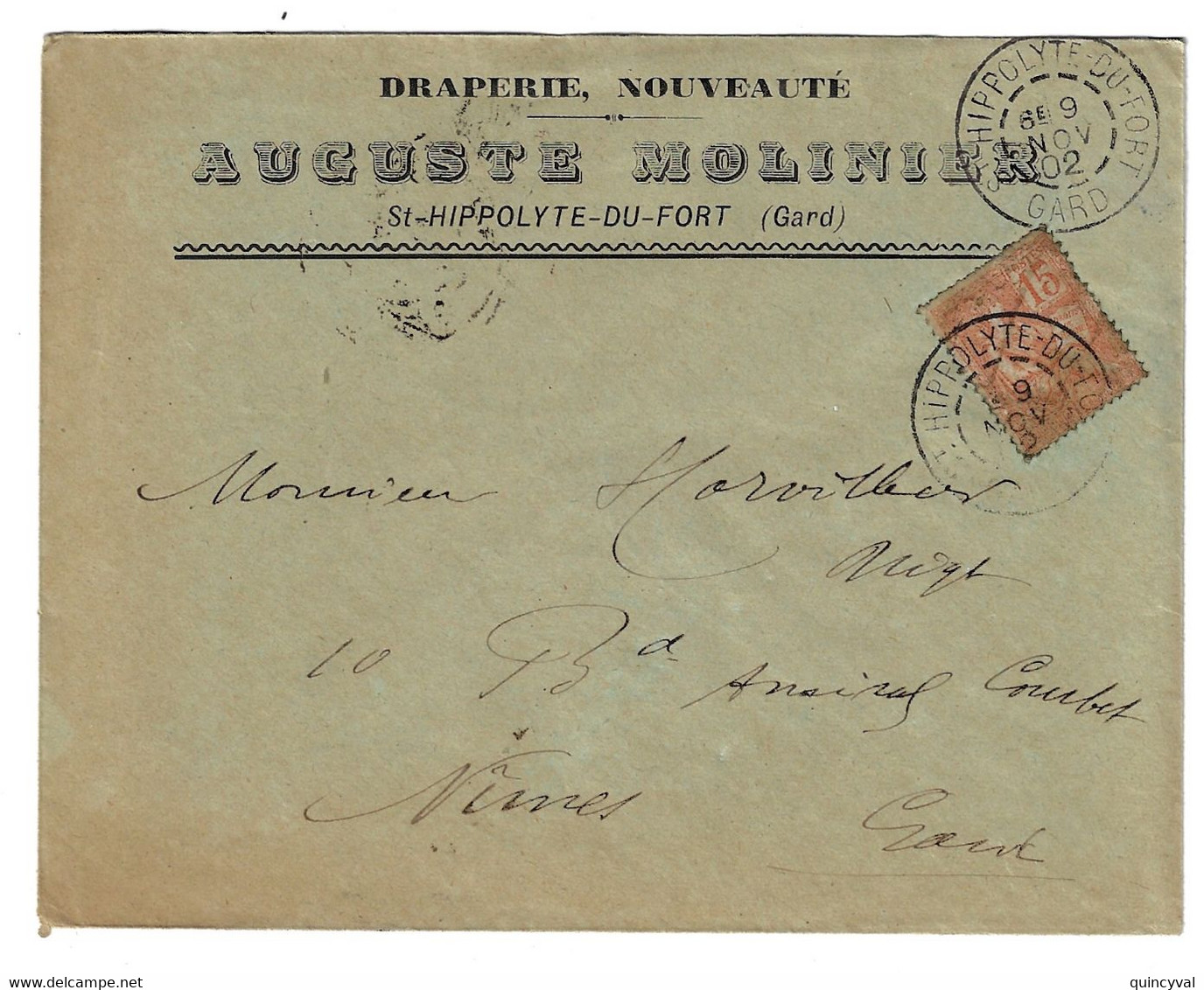 St HIPPOLYTE Du FORT Gard Lettre Entête Auguste MOLINIER Draperies Nouveauté 15c Mouchon Yv 117 Ob 1902 - Lettres & Documents