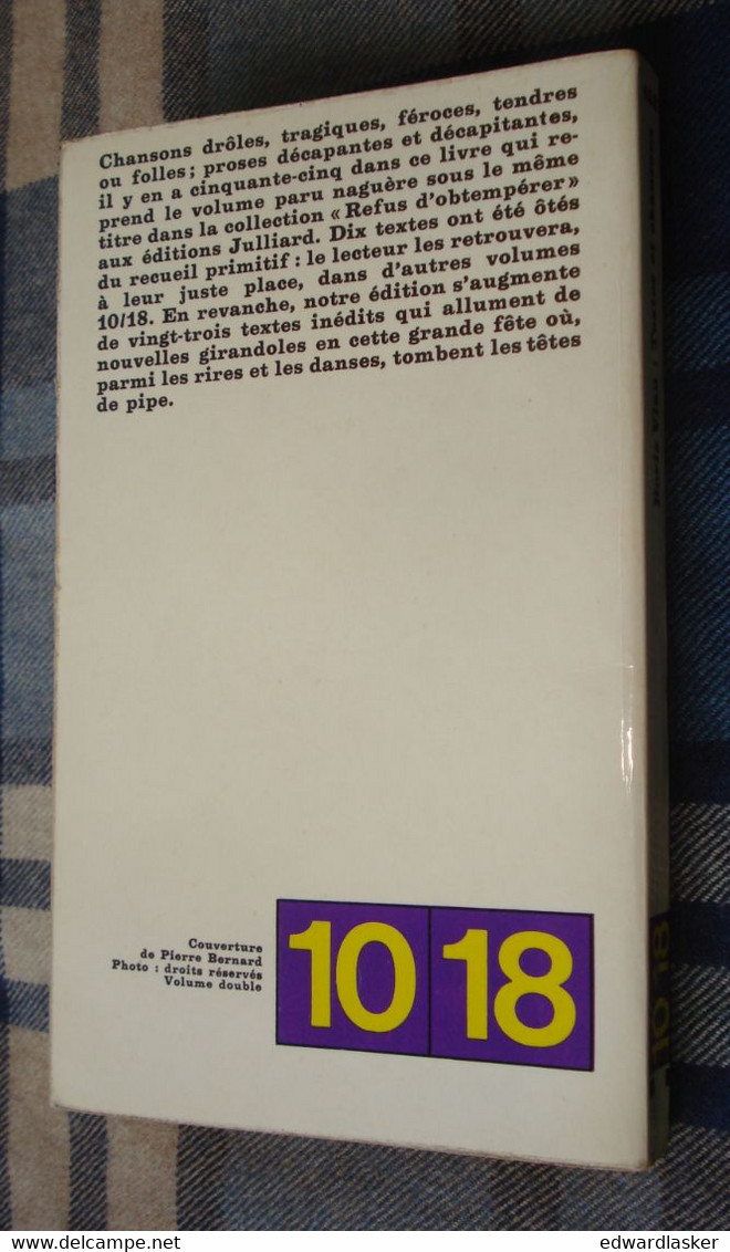 Coll. 10/18 n°452 : Textes et chansons /Boris Vian - octobre 1974