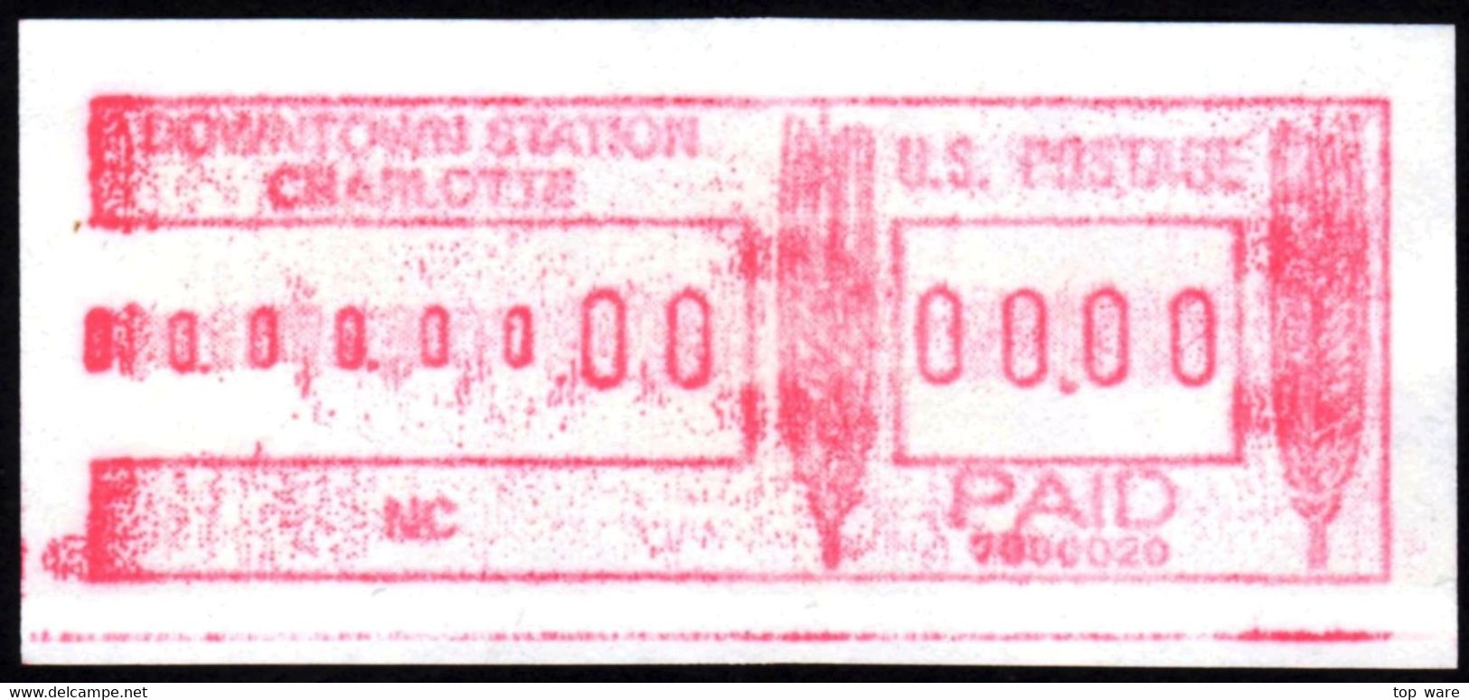 USA 1984 ATM Meter STAMPS FRIDEN (FRAMA) Trial Issue CHARLOTTE # 7000020 / 00.00 MNH / Automatenmarken CVP / SCARCE - Automaatzegels [ATM]