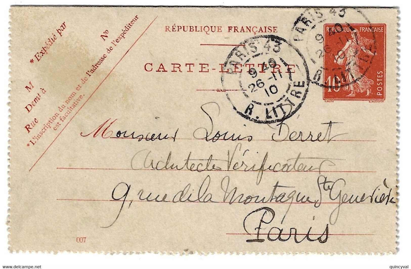 PARIS 43 R Littré Entier Carte Lettre 10c Semeuse Ob 26 11 1910 Millésime 007 Yv 138-Cl1 - Kaartbrieven