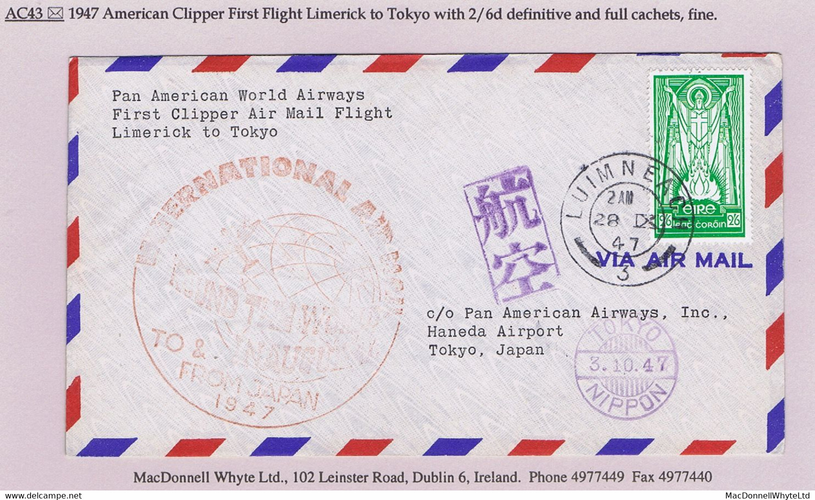 Ireland Airmail 1947 First Flight By PanAm Shannon To Tokyo LUIMNEACH 28 IX 47 With ROUND THE WORLD Cachet - Poste Aérienne