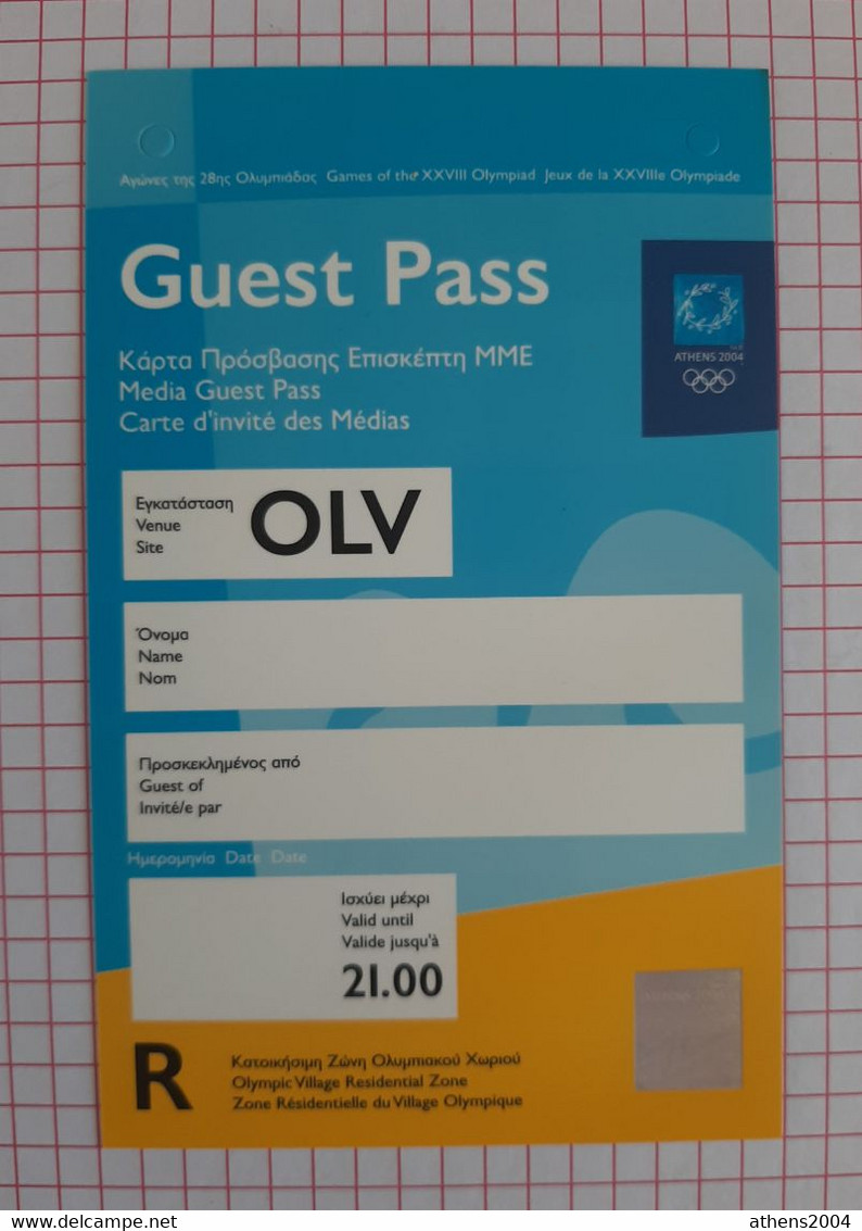 Athens 2004 Olympic Games - Accreditation (Media Guest Pass) OLV - Apparel, Souvenirs & Other