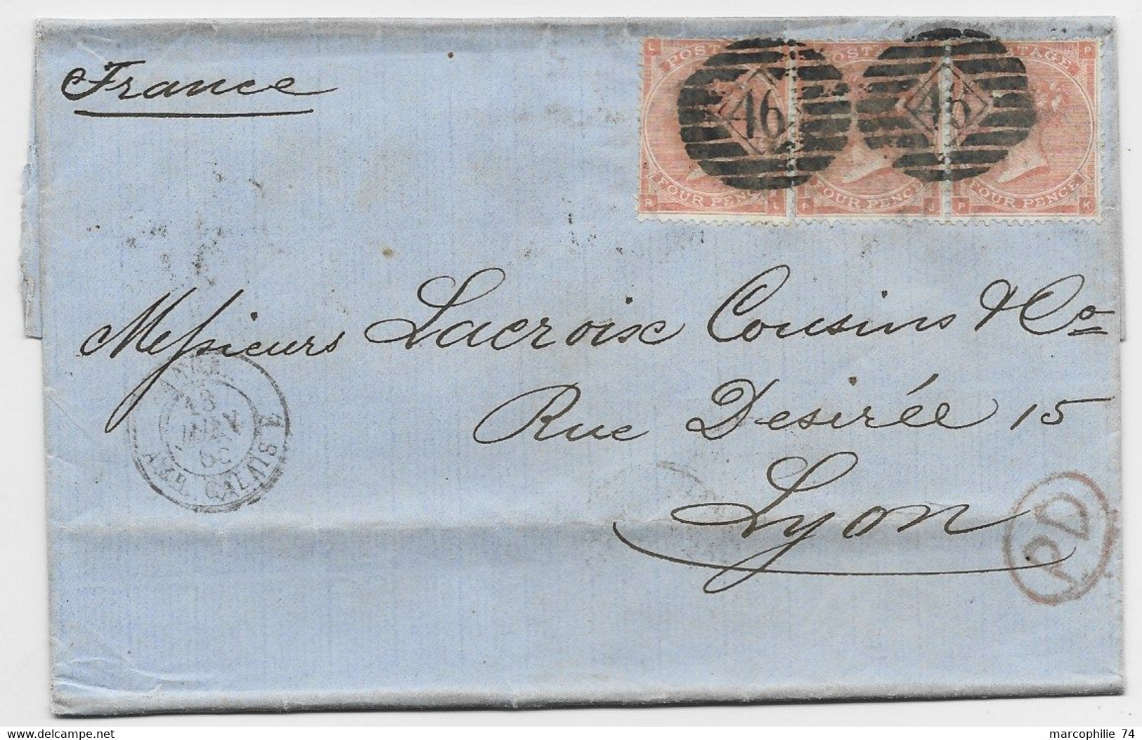 ENGLAND FOUR PENCE BANDE DE 3 LETTRE COVER 46 1865 TO FRANCE - Covers & Documents