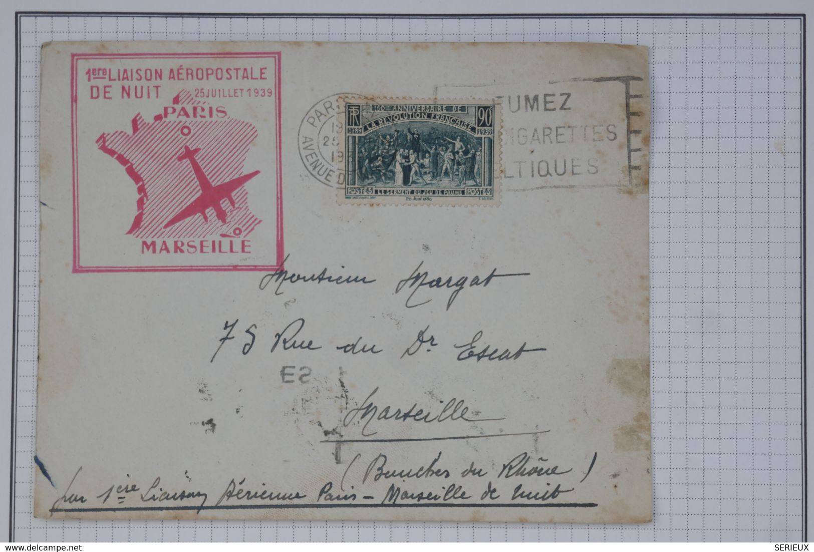 BC8 FRANCE  BELLE LETTRE  RR 1939 1ERE LIAISON AEROPOSTALE DE NUIT PARIS MARSEILLE     ++AFFRANC. PLAISANT - 1927-1959 Lettres & Documents