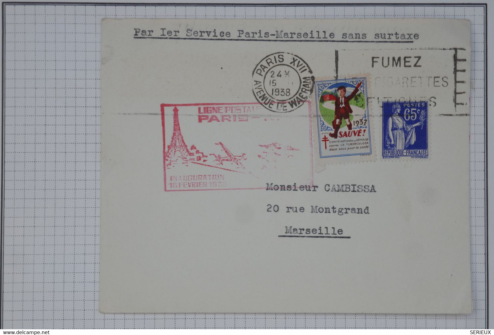 BC8 FRANCE  BELLE LETTRE  RR 1939 1ERE SERVICE  PARIS MARSEILLE SANS SURTAXE++VIGNETTE++    ++AFFRANC. PLAISANT - 1927-1959 Storia Postale
