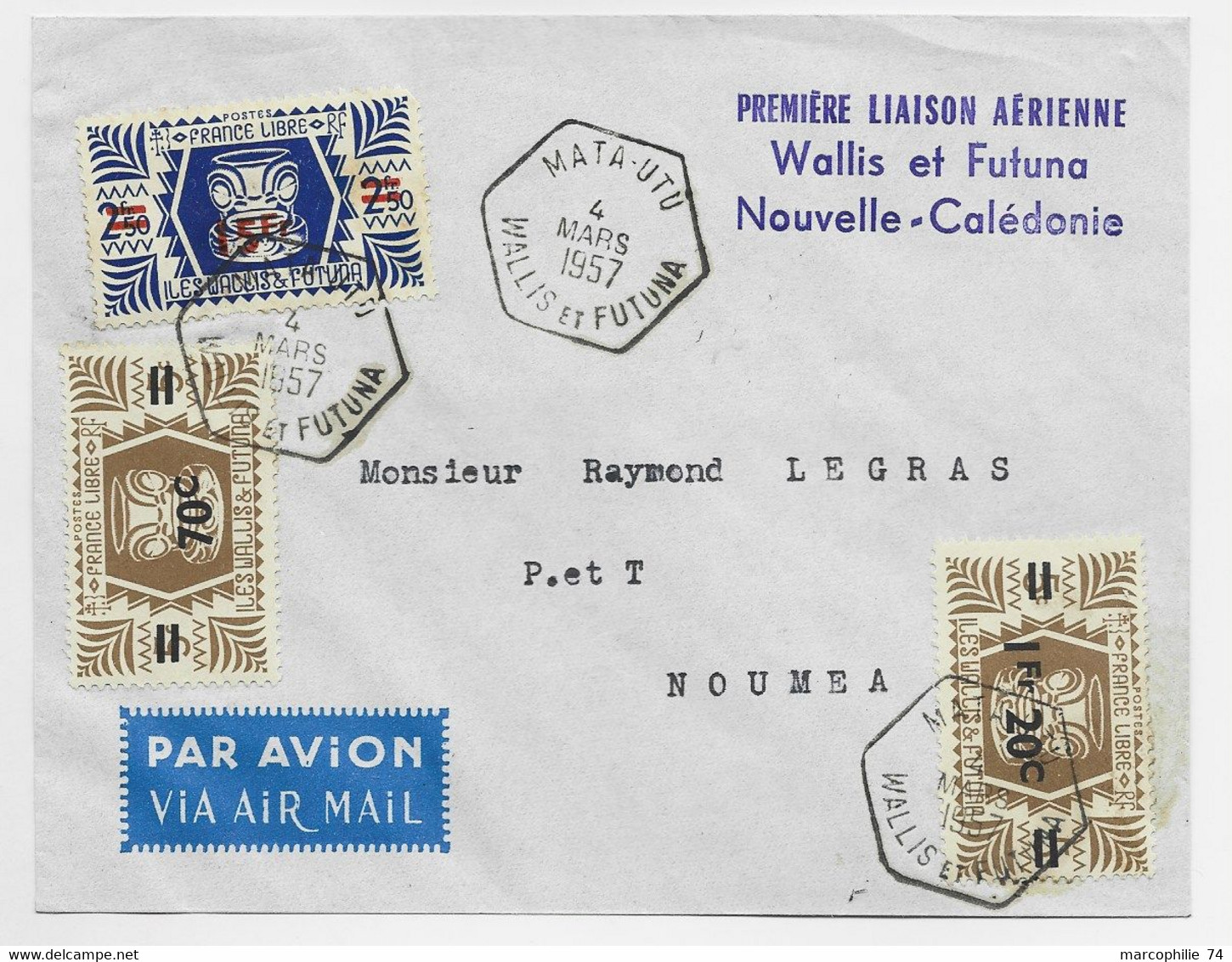 WALLISN ET FUTUNA FRANCE LIBRE LETTRE COVER AVION MATA UTU 4 MARS 1957 POUR NOUVELLE CALEDONIE 1ERE LIAISON - Lettres & Documents