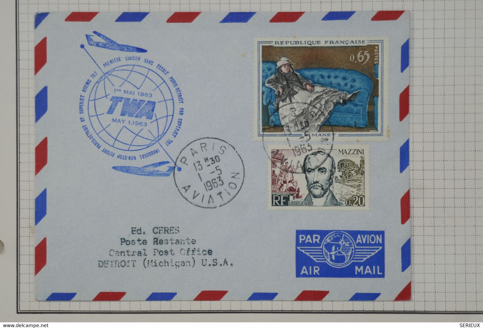 BC8 FRANCE  BELLE LETTRE  RR 1963 TWA  PARIS DETROIT USA  + MANET +AFFRANCH. AVION PLAISANT   ++ - 1960-.... Cartas & Documentos