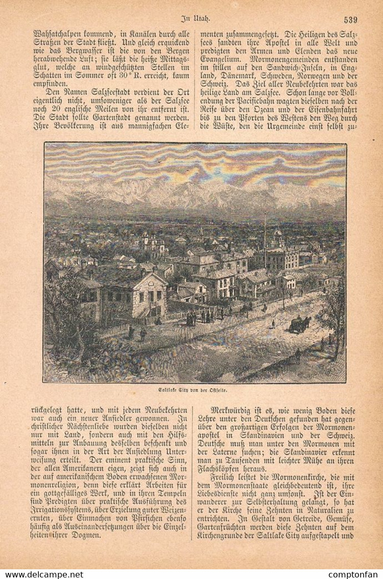 A102 1242-2 Utah Salt Lake City Mormonen Artikel / Bilder 1885 !! - Autres & Non Classés