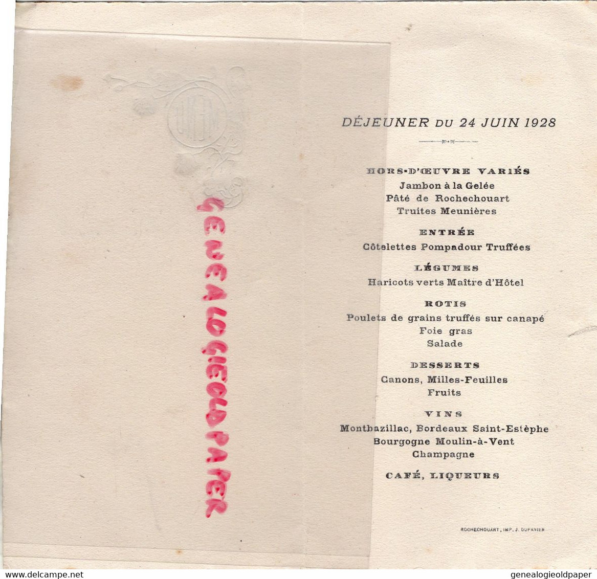 87- ROCHECHOUART- MENU DEJEUNER 24 JUIN 1928-  IMPRIMERIE DUPANIER - Menükarten