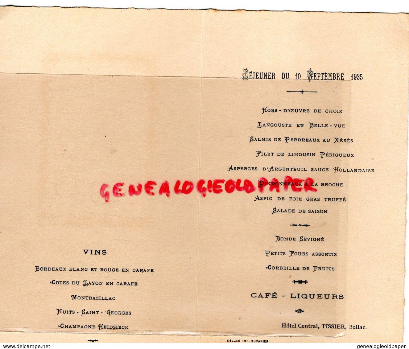 87- BELLAC- MENU 1935- HOTEL CENTRAL-DOCTEUR  DEBELUT CHATEAUPONSAC -BRISSAUD-  IMPRIMERIE DUPANIER - Menú