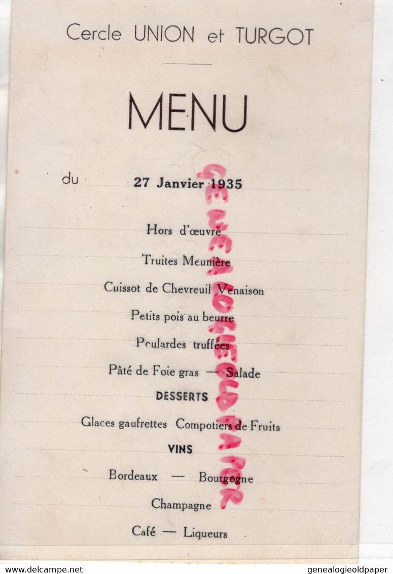 87- LIMOGES- MENU CERCLE UNION ET TURGOT -27 JANVIER 1935- DOCTEUR DEBELUT CHATEAUPONSAC - Menus