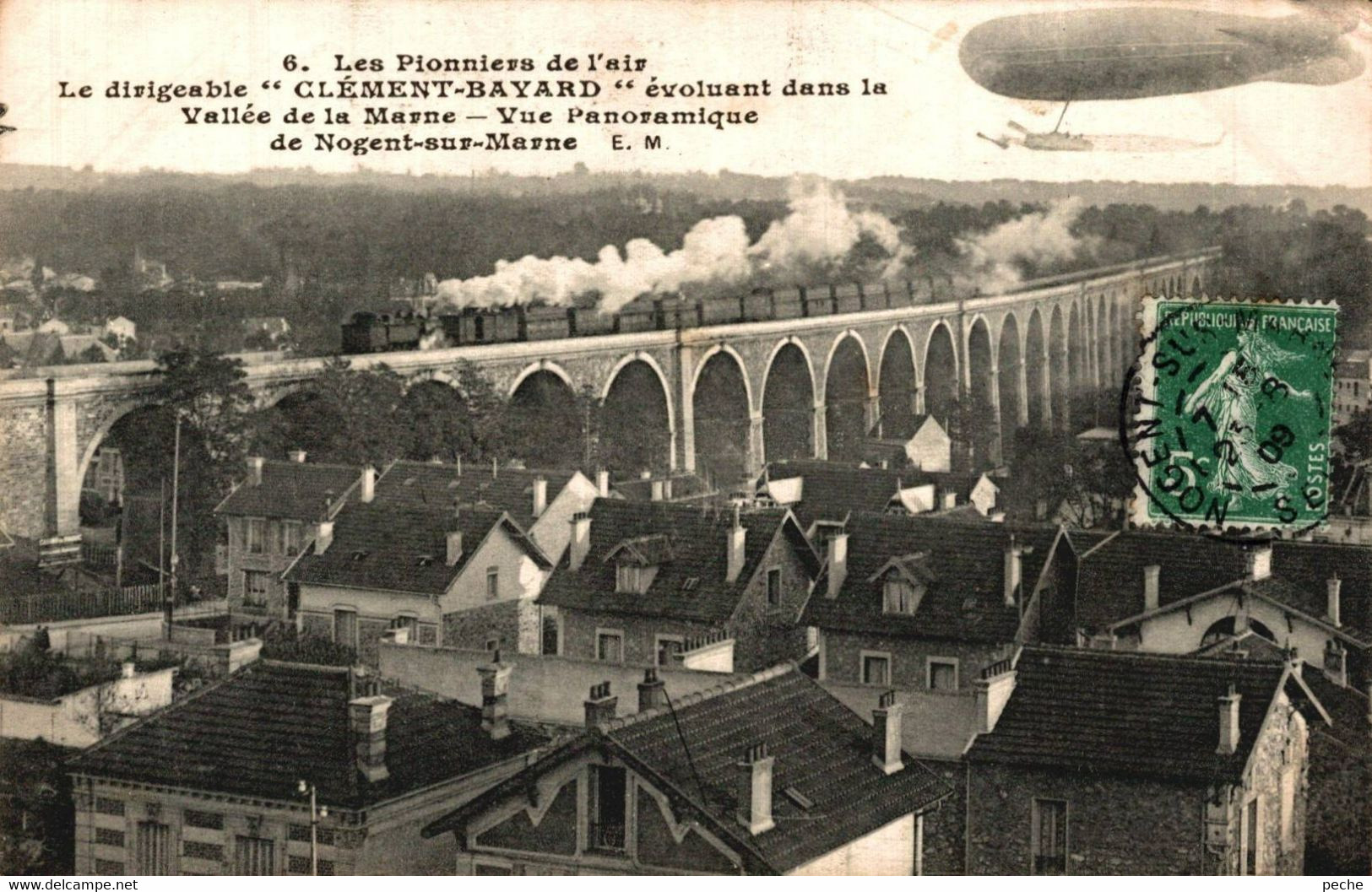 N°95983 -cpa Vue De Nogent Sur Marne - Viaduc Avec Train Et Le Dirigeable "Clément Bayard " - Ouvrages D'Art