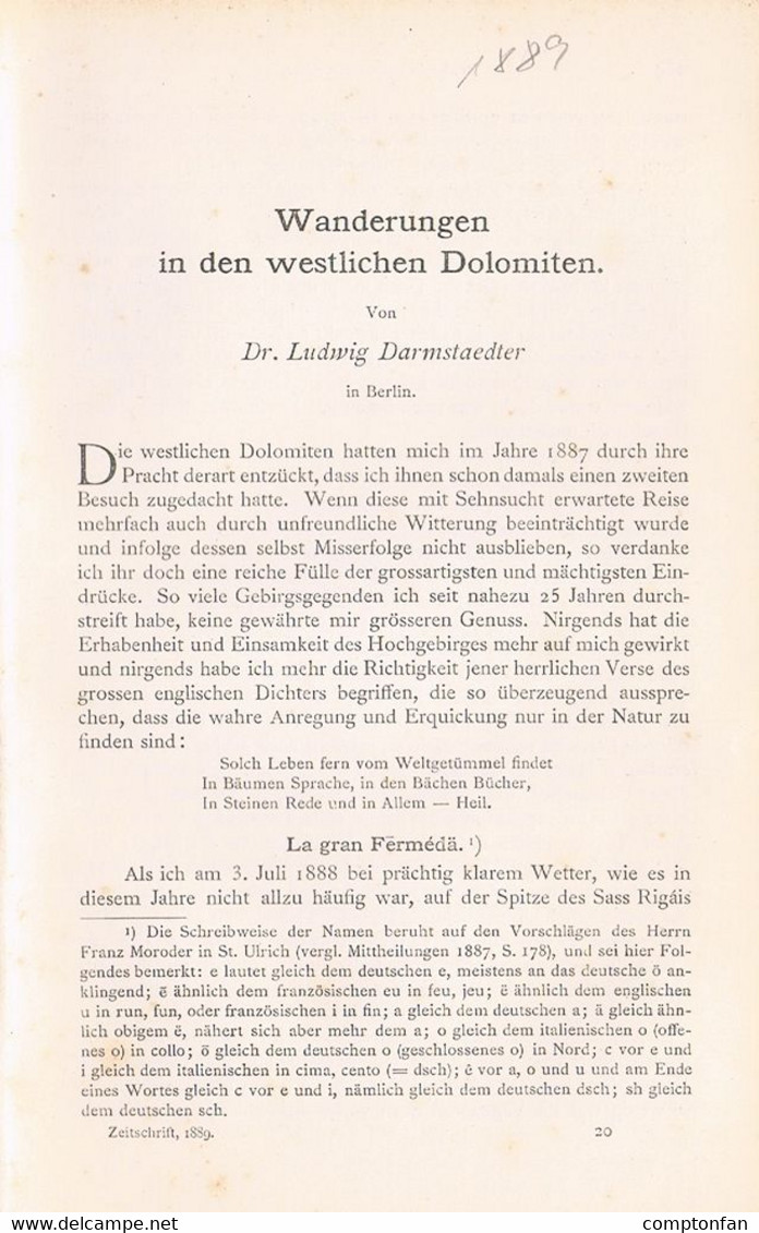 A102 1277 Ludwig Darmstädter Dolomiten Rosengarten Artikel / Bilder 1889 !! - Autres & Non Classés