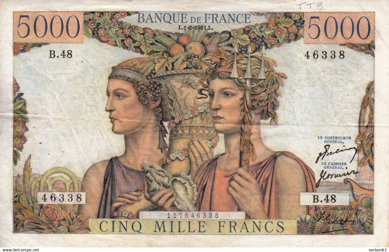 5000 FRANCS TERRE ET MER TYPE 1949 - N° 46338 Alphabet B 48 Du 1-2-1951 RÉF. FAYETTE 3 - NOTRE SITE Serbon63 - 5 000 F 1949-1957 ''Terre Et Mer''