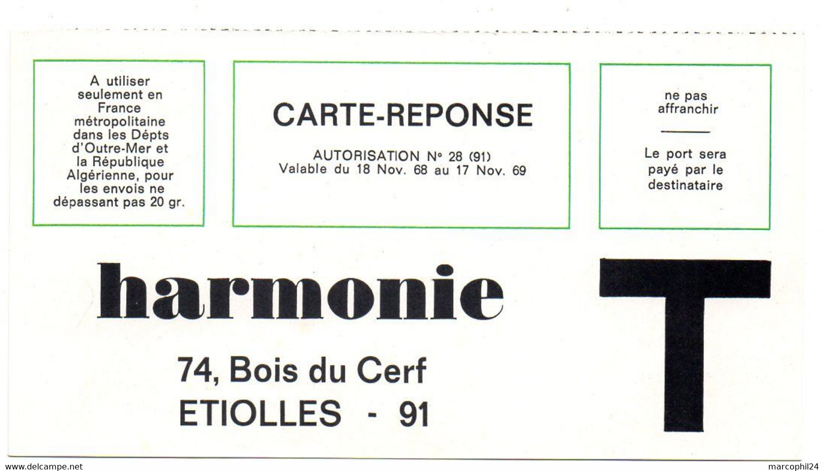 ESSONNE - Dépt N° 91 = ETIOLLES 1969 = CARTE REPONSE T  ' HARMONIE ' - Cards/T Return Covers