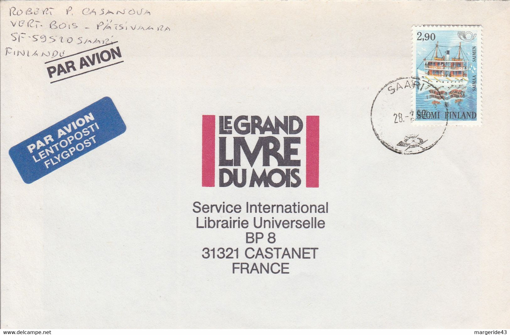 FINLANDE SEUL SUR LETTRE POUR LA FRANCE 1992 - Briefe U. Dokumente